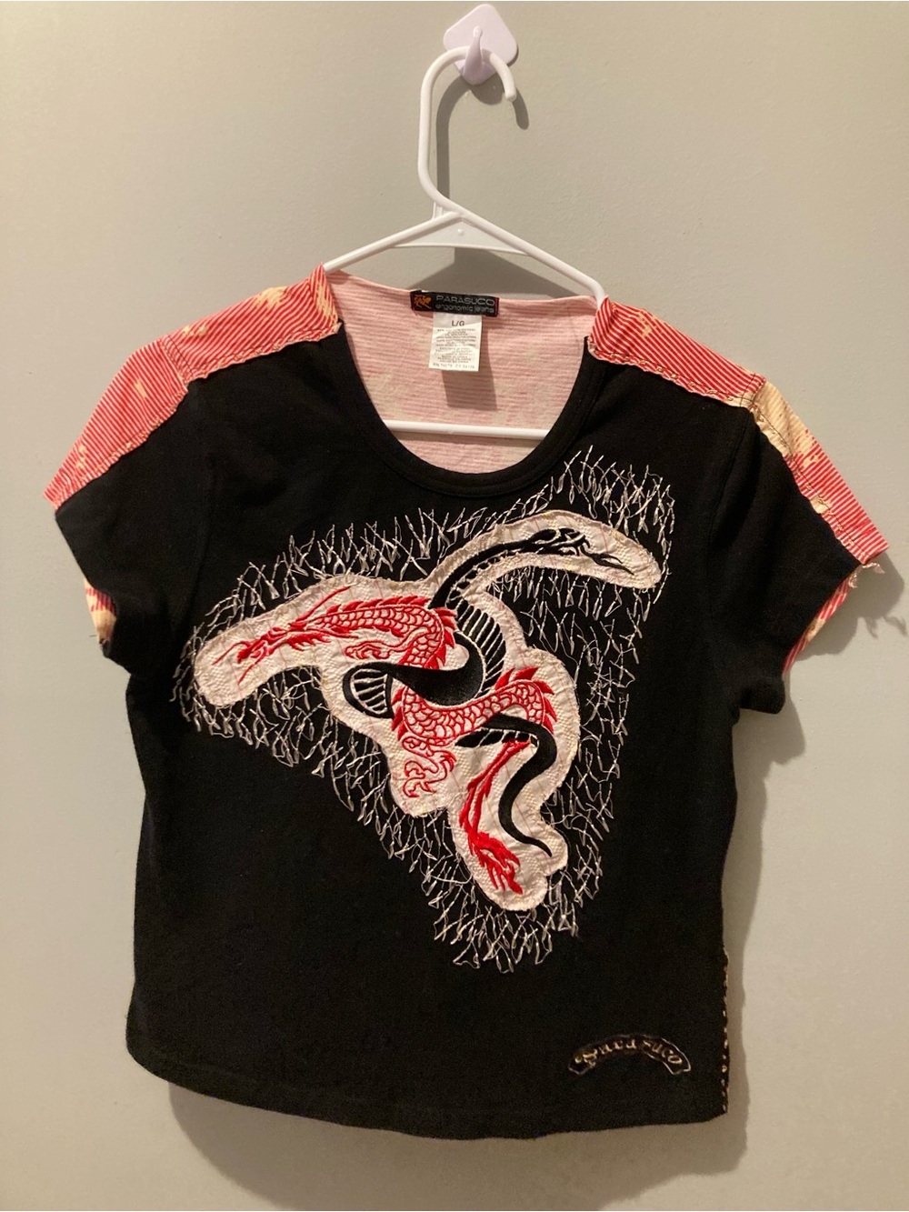 Parasuco Dragon Embroidered Y2K Tee Large Black Graphic Shirt
